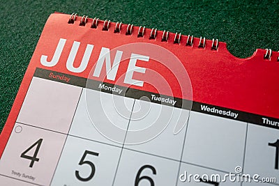 Calendar 2023, June, monthly planner for wall and desk. Close up of month and fist few days. Stock Photo