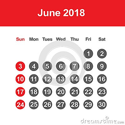 Calendar for June 2018 Vector Illustration