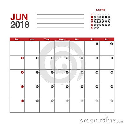 Calendar for June 2018 Vector Illustration