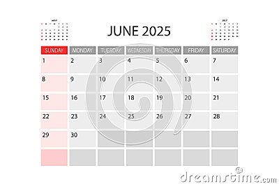 Calendar for June 2025. The week starts on Sunday. Vector Illustration