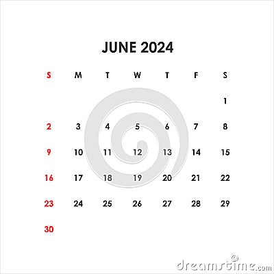 Calendar for June 2024. The week starts on Sunday. Vector Illustration