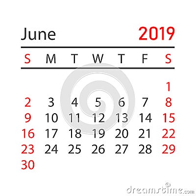 Calendar june 2019 year in simple style. Calendar planner design Vector Illustration