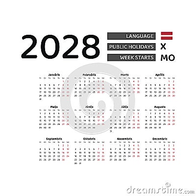 Calendar 2028 Latvian language with Latvia public holidays. Vector Illustration