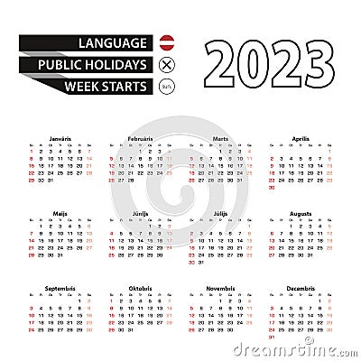 2023 calendar in Latvian language, week starts from Sunday Vector Illustration