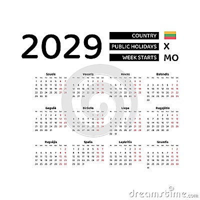 Calendar 2029 Lithuanian language with Lithuania public holidays. Vector Illustration