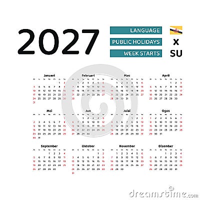 Calendar 2027 Malay language with Brunei Darussalam public holidays. Vector Illustration