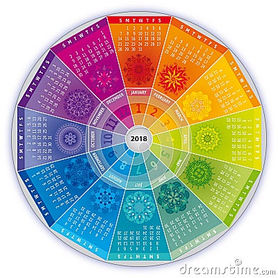 2018 Calendar with Mandalas in Rainbow Colors Vector Illustration