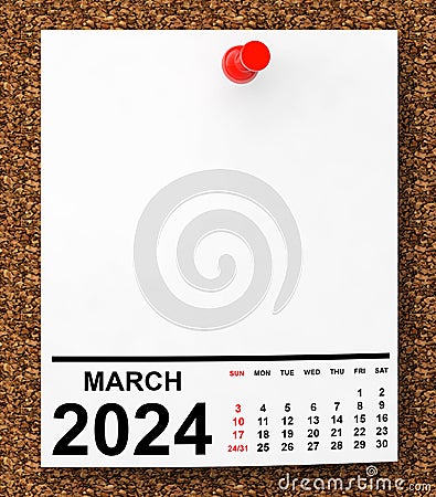 Calendar March 2024 on Blank Note Paper. 3d Rendering Stock Photo
