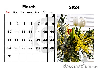 Calendar for 2024, March, with a photo of nature Stock Photo