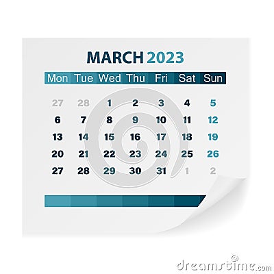 Calendar March 2023 Vector Illustration