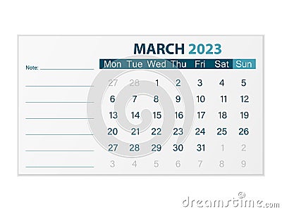 Calendar March 2023 Vector Illustration