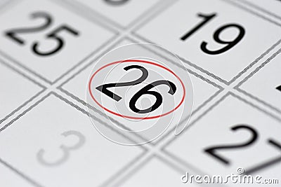 Calendar, mark day of the week, date in the red circle, note, scheduler, memo, save the date, 26 Stock Photo