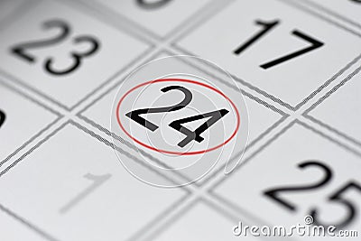 Calendar, mark day of the week, date in the red circle, note, scheduler, memo, save the date, 24 Stock Photo