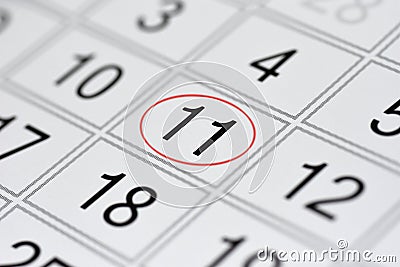 Calendar, mark day of the week, date in the red circle, note, scheduler, memo, save the date, 11 Stock Photo