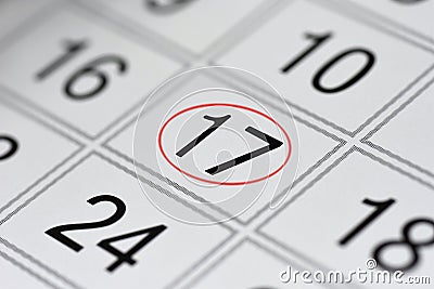 Calendar, mark day of the week, date in the red circle, note, scheduler, memo, save the date, 17 Stock Photo