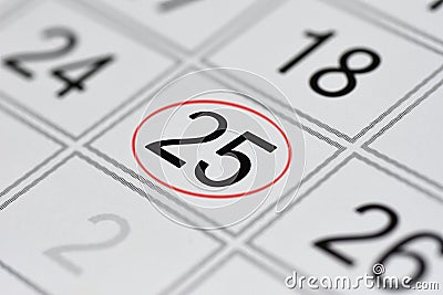 Calendar, mark day of the week, date in the red circle, note, scheduler, memo, save the date, 25 Stock Photo