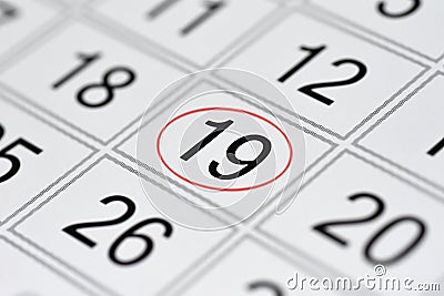 Calendar, mark day of the week, date in the red circle, note, scheduler, memo, save the date, 19 Stock Photo