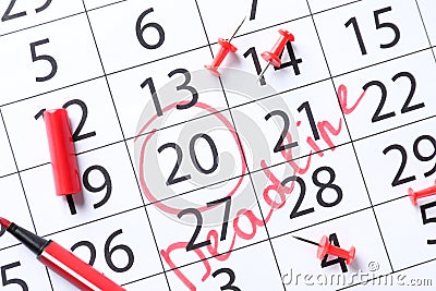 Calendar with marked date, closeup. Deadline concept Stock Photo