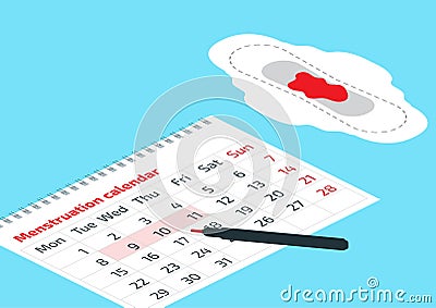 A calendar with the menstrual days marks and menstrual pad with blood drop. Vector illustration of blood period calendar. Menstrua Vector Illustration