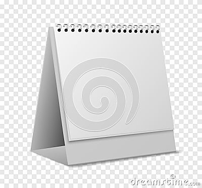 Calendar mockup. Empty realistic organizer with sheets on spiral standing, blank paper pages for messages, desktop Vector Illustration