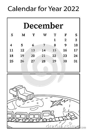 Calendar for 2022. Month of December. Raster coloring book. Kids toys. Cartoon Illustration