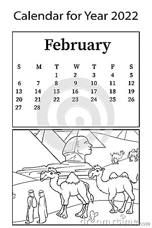 Calendar for 2022. Month of February. Vector coloring book. Desert, camels, sand and pyramids. Vector Illustration