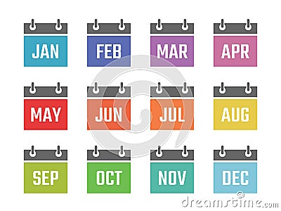 Calendar 12 month icon set, color signs for all months of the year Vector Illustration