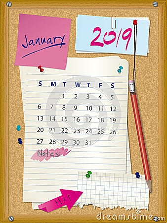 2019 calendar - month January - cork board with notes Vector Illustration