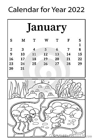 Calendar for 2022. Month of January. Raster coloring book. Ant colony and worker ants. Cartoon Illustration