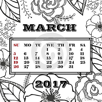 Calendar month of March 2017.Vintage floral card with garden flowers Stock Photo
