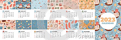 2023 calendar with 12 months. Vertical design template. Four seasons nature cute cozy patterns. Natural mood. Vector Vector Illustration