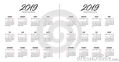 Calendar 2019 MtS & StS simple Vector Illustration