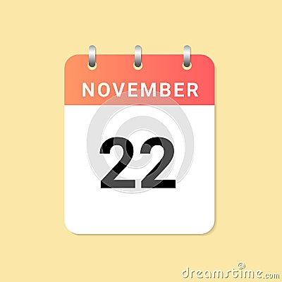 Daily calendar 22nd of November month on white paper note Vector Illustration