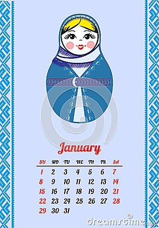 Calendar with nested dolls 2017. Matryoshka different Russian national ornament Vector Illustration