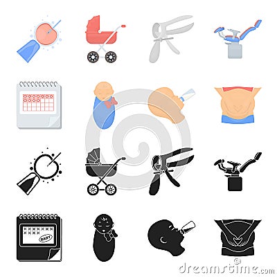 Calendar, newborn, stomach massage, artificial feeding. Pregnancy set collection icons in black,cartoon style vector Vector Illustration