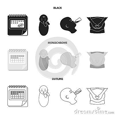 Calendar, newborn, stomach massage, artificial feeding. Pregnancy set collection icons in black,monochrome,outline style Vector Illustration