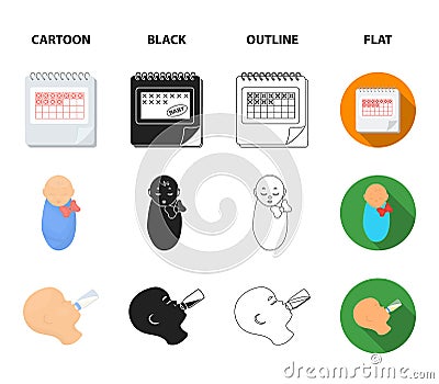 Calendar, newborn, stomach massage, artificial feeding. Pregnancy set collection icons in cartoon,black,outline,flat Vector Illustration