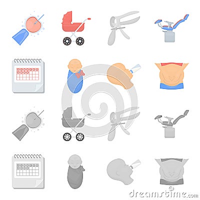Calendar, newborn, stomach massage, artificial feeding. Pregnancy set collection icons in cartoon,monochrome style Vector Illustration
