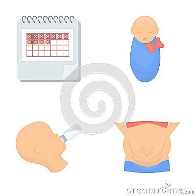 Calendar, newborn, stomach massage, artificial feeding. Pregnancy set collection icons in cartoon style vector symbol Vector Illustration