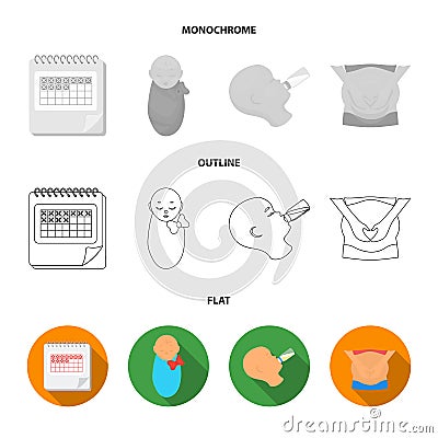 Calendar, newborn, stomach massage, artificial feeding. Pregnancy set collection icons in flat,outline,monochrome style Vector Illustration