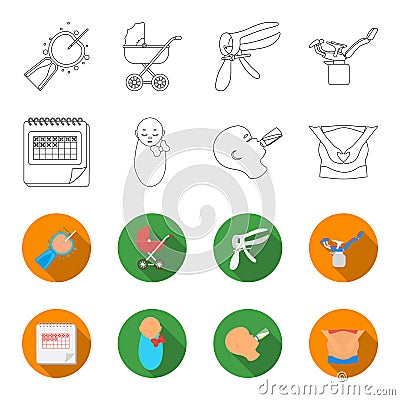 Calendar, newborn, stomach massage, artificial feeding. Pregnancy set collection icons in outline,flet style vector Vector Illustration