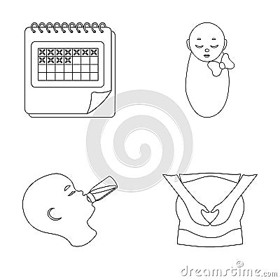 Calendar, newborn, stomach massage, artificial feeding. Pregnancy set collection icons in outline style vector symbol Vector Illustration