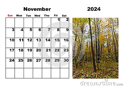 Calendar for 2024, November, with a photo of nature Stock Photo