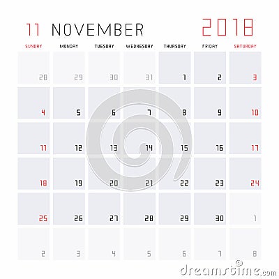 Calendar November 2018 Vector Illustration