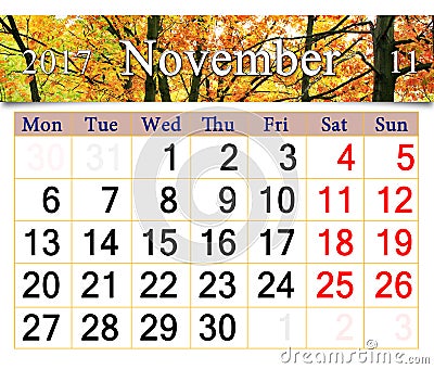 Calendar for November 2017 with yellow autumnal park Stock Photo