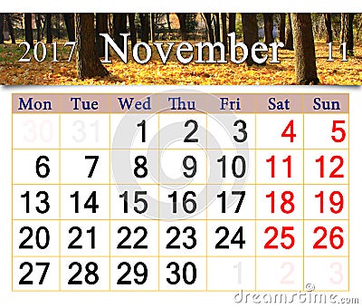 Calendar for November 2017 with yellow leaves in park Stock Photo