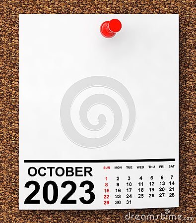 Calendar October 2023 on Blank Note Paper. 3d Rendering Stock Photo