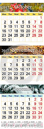 Calendar for October November and December 2017 with colored pictures Stock Photo