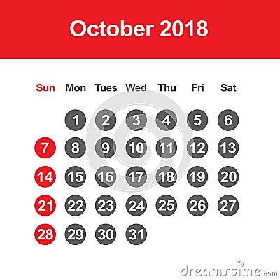 Calendar for October 2018 Vector Illustration