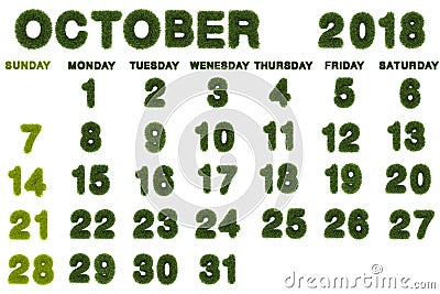 Calendar for October 2018 on white background,3d rendering green Stock Photo